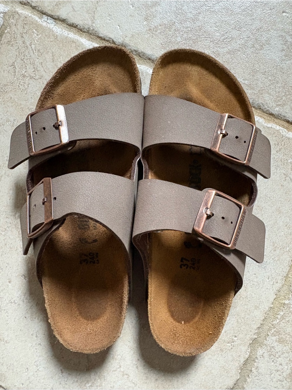 Birkenstock Kids Double-Buckle Slides in Taupe with Rosegold Buckles
